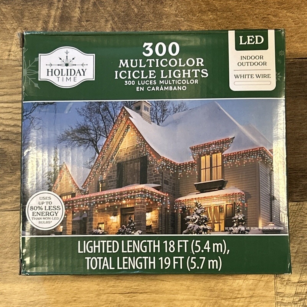 Holiday Time 300 Ct Multicolor‎ Icicle Christmas Lights White Wire 18 Ft New